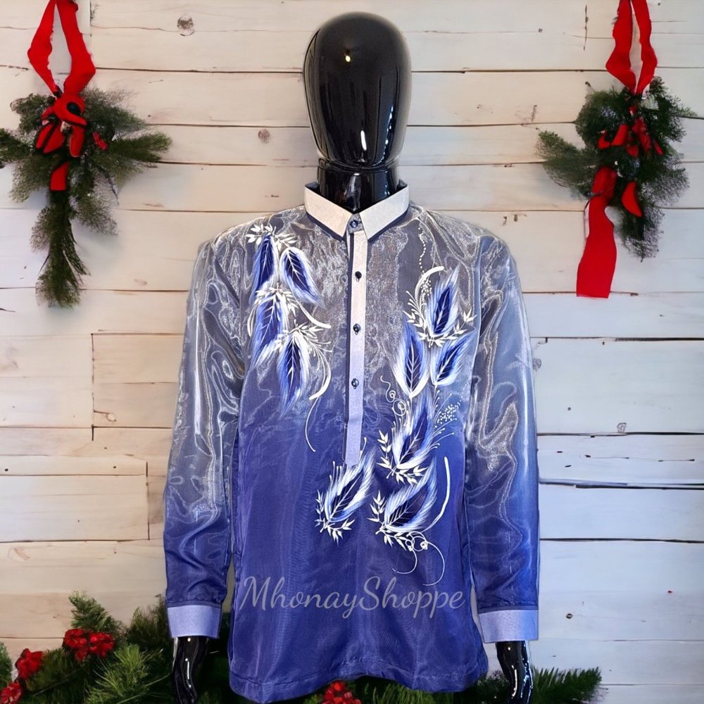 BLUE4-Monochromatic Handpainted Barong Tagalog for Men.